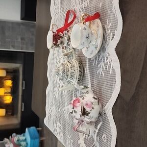 Christmas ornaments, miniature tea cups and tea pots